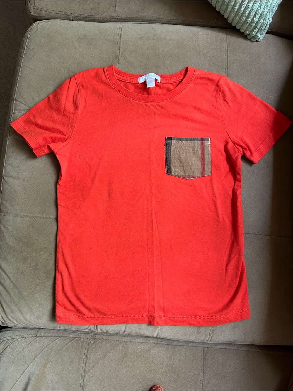 Burberry Bright Orange Tee with Plaid Chest Pocket